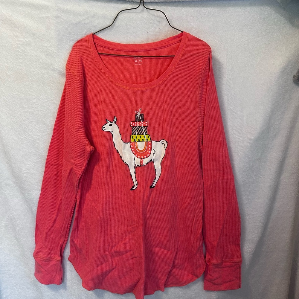 #1005 Old Navy…Coral Long Sleeve Thermal with Llama Graphic Sz Large